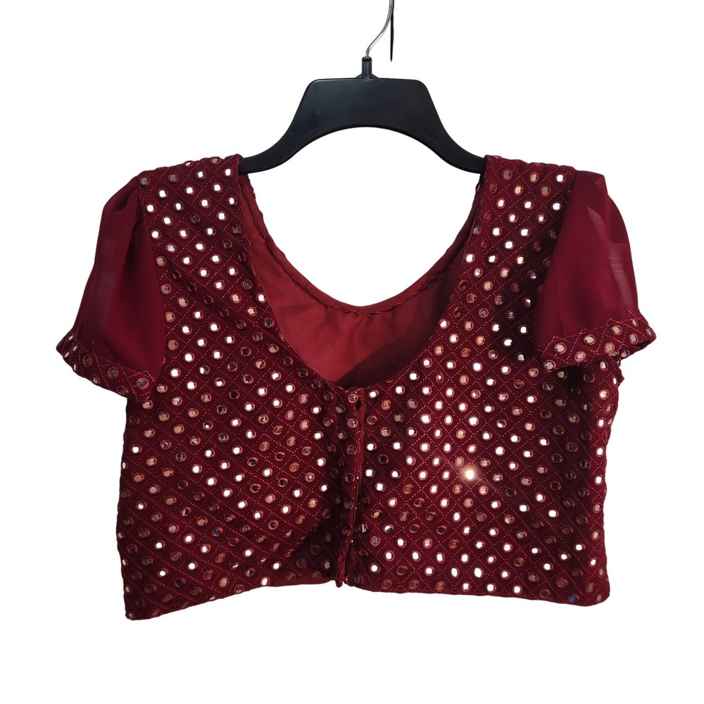 Maroon Mirror Work Saree Blouse Puff Sleeve Choli Top Burgundy Embroidery Size M - Picture 3 of 5